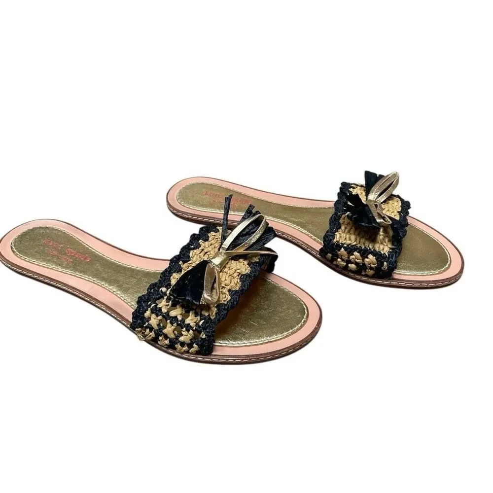 Kate Spade New‎ York Navy Raffia and Gold bow leather slide sandals women’s 9
